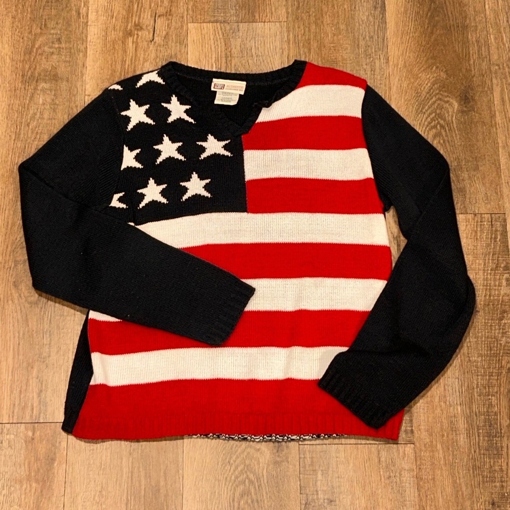 Vintage Faded Glory American Flag Sweater Navy Red White Stars Stripes Large